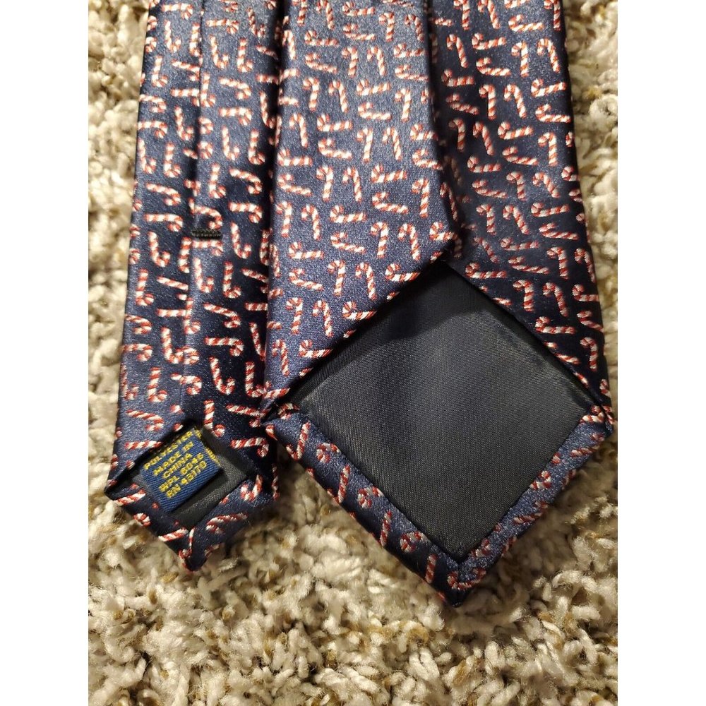 Club Room navy blue Christmas Candy Cane Printed Men's Necktie - Picture 3 of 8